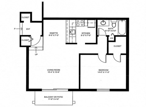 Floor plan for 1 bed, 1 bath, 704 sqft